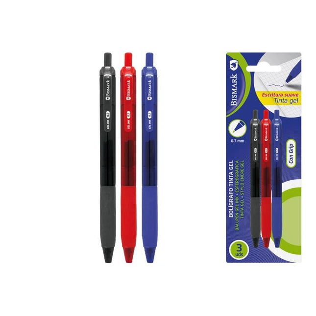 Bolígrafos Bismark Tinta Gel 0,7 mm Grip – Pack 3 uds (Negro, Rojo y Azul)