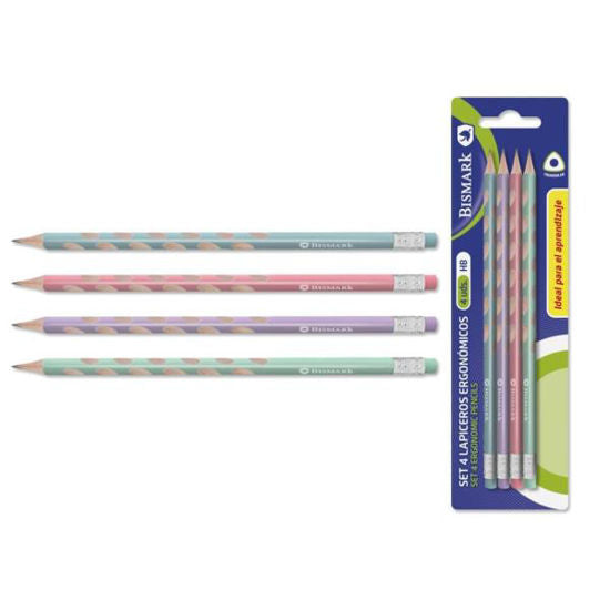 Set de 4 Lápices Ergonómicos Bismark HB con goma – Colores Pastel
