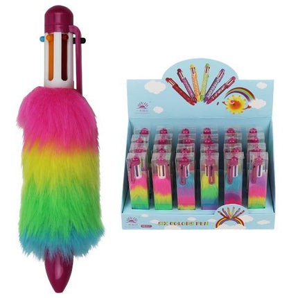 Bolígrafo Multicolor con Pompón de Pelo Arcoíris – 6 Colores