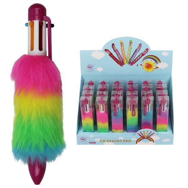 Bolígrafo Multicolor con Pompón de Pelo Arcoíris – 6 Colores