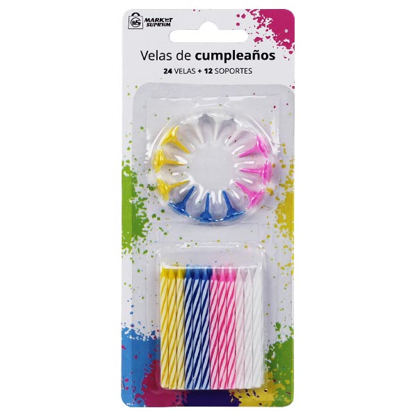 Velas de Cumpleaños Market Suprem con Soportes – 24 Velas + 12 Soportes