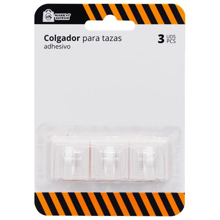 Colgador de Tazas Blanco Adhesivo de Plástico Market Suprem - 3uds