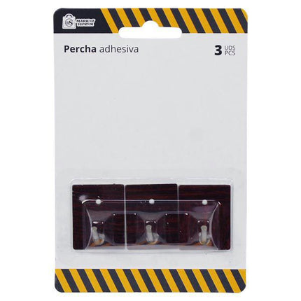Percha Adhesiva con Base de Imitación de Madera Market Suprem - 3uds