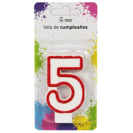 Vela Cumpleaños 7'5CM Blanca Bordes Rojos Nº5 Market Suprem