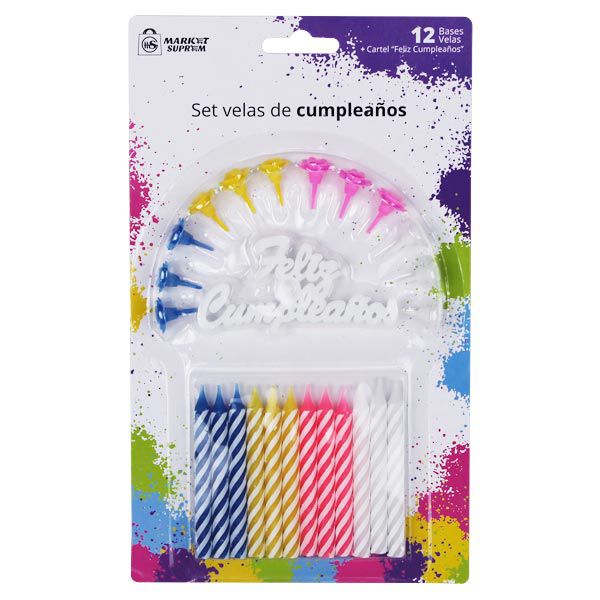 Set de Cumpleaños Market Suprem - Velas, Bases de Vela, Cartel "Feliz Cumpleaños" - 12uds