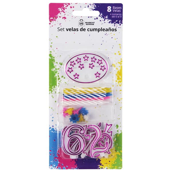 Set de Velas de Cumpleaños Market Suprem - 8 Bases de Vela + Numeros del 0 al 9