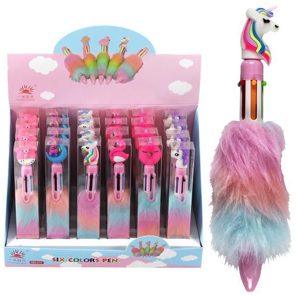 Bolígrafo Multicolor con Pompón y Figura de Unicornio – 6 Colores