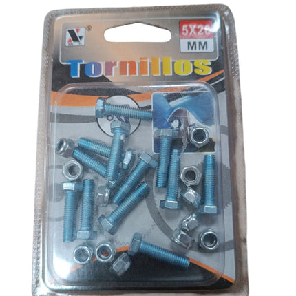 Tornillos de Cabeza Hexagonal 5x20mm + Tuercas H.K - 24uds (12 Tornillos + 12 Tuercas)