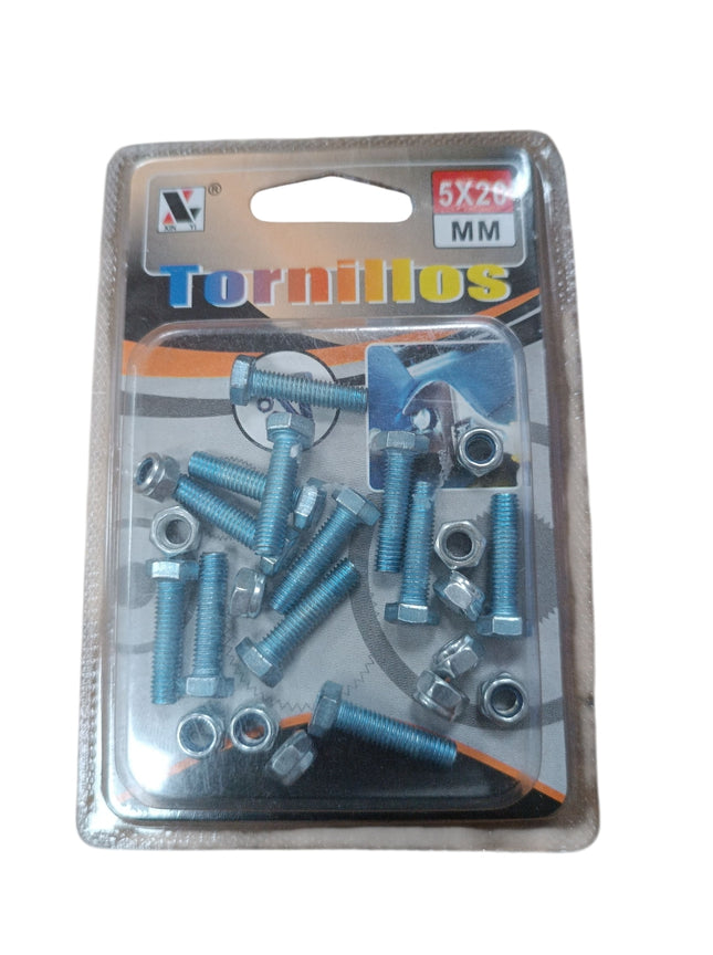 Tornillos de Cabeza Hexagonal 5x20mm + Tuercas H.K - 24uds (12 Tornillos + 12 Tuercas)