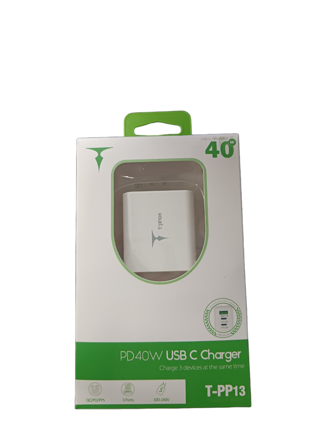 Cabeza de Cargador Triple Puerto T'Phox - 40W 100-240V