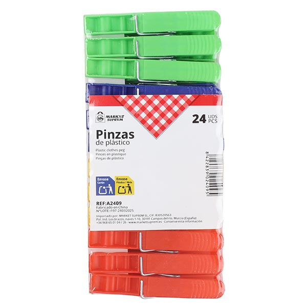 Pinzas de Plastico Multicolor Market Suprem - 24uds (7x1.3cm)