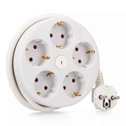 Base Múltiple Redonda 5 Tomas Schuko 2P+T con Interruptor 16A 250V 1,5 m de Cable H05VV-F 3G1,5 mm²