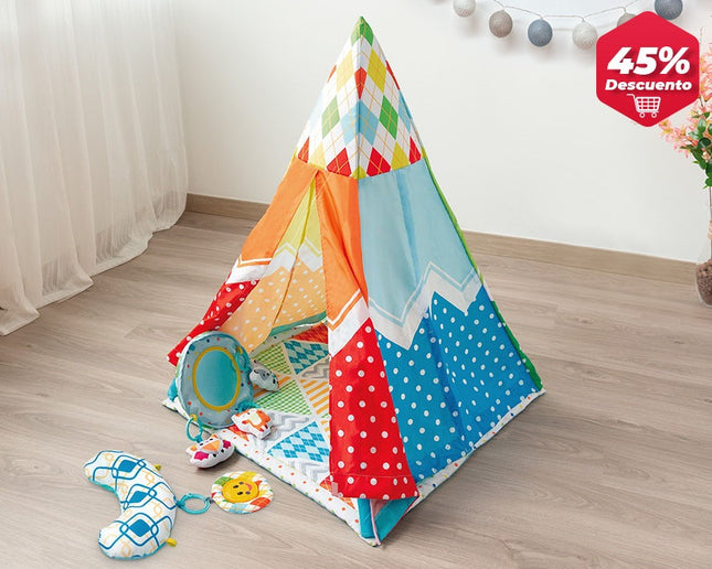 Tienda Tipi Infantil KioKids – Alfombra de Juegos 2 en 1 con Juguetes y Música (+2 Meses)