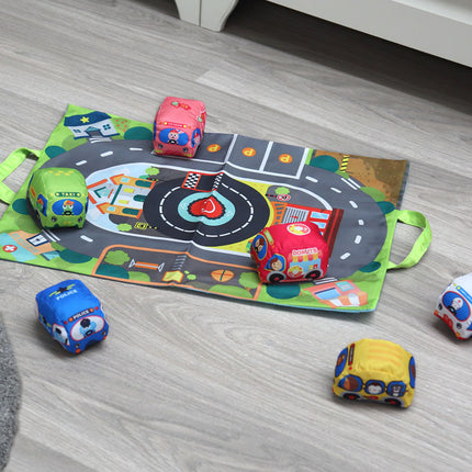 Circuito de Coches Blanditos KioKids – Alfombra de Juego y Bolsa de Transporte (+12 Meses)