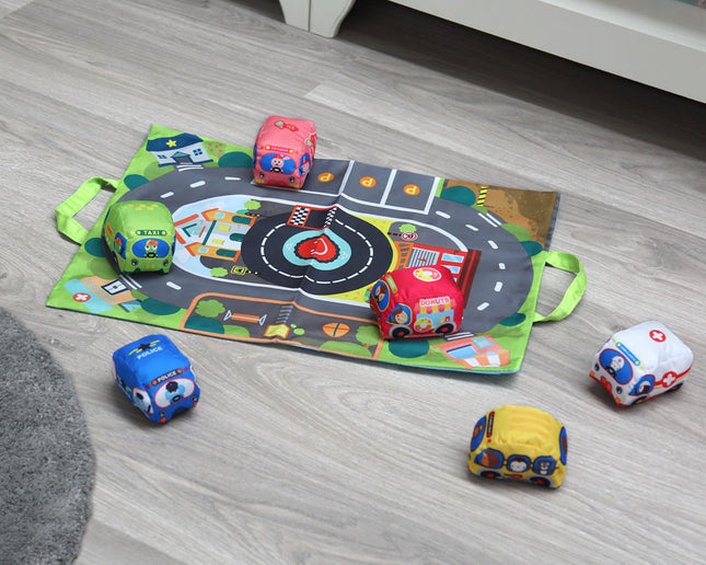 Circuito de Coches Blanditos KioKids – Alfombra de Juego y Bolsa de Transporte (+12 Meses)