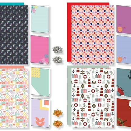 Set de Papeles de Regalo con Tarjetas y Lazos - 4 Diseños Temáticos