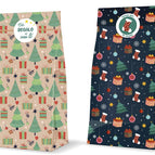 Fondo beige con árboles de Navidad y regalos.