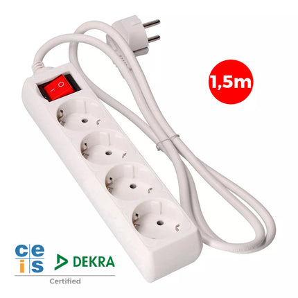 Base Múltiple 4 Tomas 2P+T con Interruptor Luminoso 16A 250V 1.5m de Cable H05VV-F 3 G 1,5 mm²