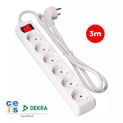 Base Múltiple 6 Tomas 2P+T con Interruptor Luminoso H05VV-F 3G1,5 mm² - 3m de Cable