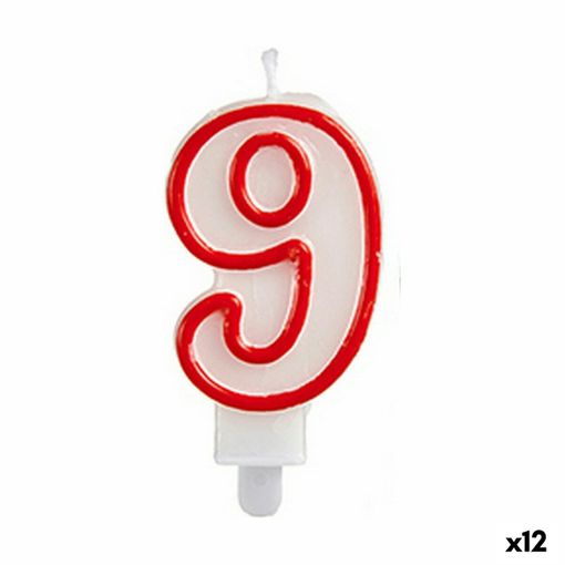 Vela de cumpleaños número 9 blanca con borde rojo