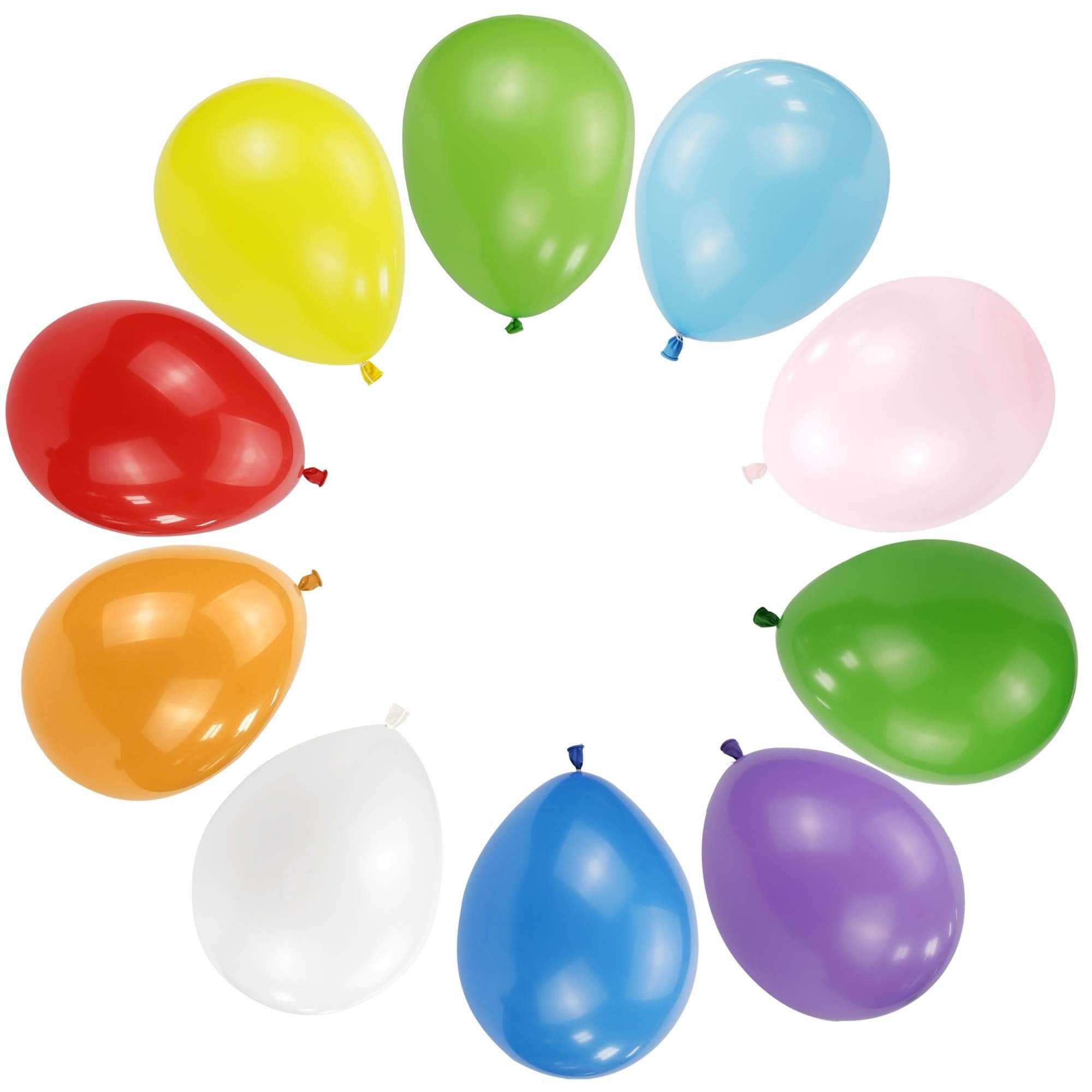 Globos multicolor brillantes en paquete de 10 unidades, ideales para decoraciones festivas.