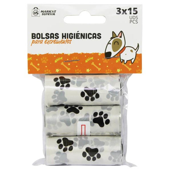 Bolsas Higiénicas para Excrementos Market Suprem con Diseño de Huellas - 3x15uds (31.5x23cm)