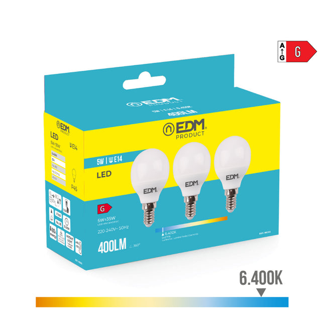Pack 3 Bombillas LED EDM E14 5W (400LM, Luz Fría 6400K)