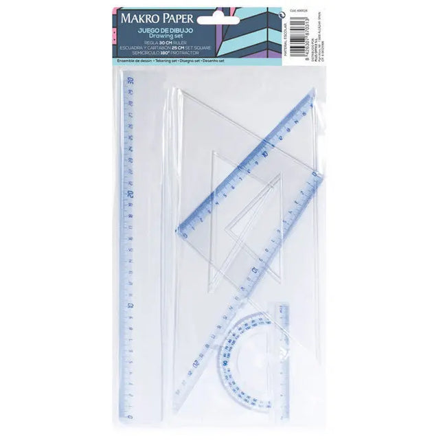 Juego de Dibujo Makro Paper 4 piezas (Regla, Escuadra, Cartabón y Semicírculo)
