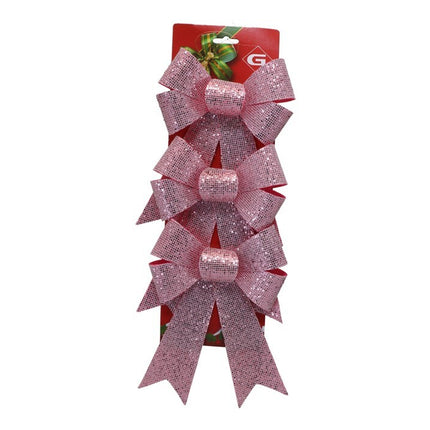 Set de Lazos Decorativos Navideños Brillantes en Color Rosa (Pack de 3)