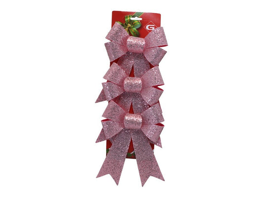 Set de Lazos Decorativos Navideños Brillantes en Color Rosa (Pack de 3)