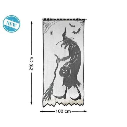Cortina de Encaje Negro para Halloween – Diseño Silueta de Bruja (210 x 100 cm)