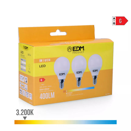 Kit 3 Bombillas Esfericas LED E14 5W 400Lm 3200K Luz Cálida - Ø4,5 x 8 cm