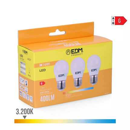 Kit 3 Bombillas Esféricas LED E27 5W 400Lm 3200K Luz Cálida - Ø4,5 x 8 cm