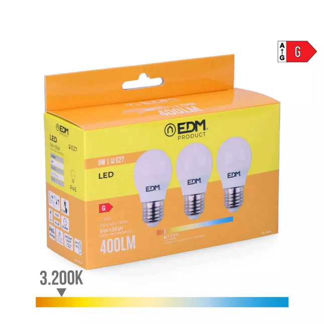Kit 3 Bombillas Esféricas LED E27 5W 400Lm 3200K Luz Cálida - Ø4,5 x 8 cm