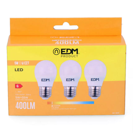 Kit 3 Bombillas Esféricas LED E27 5W 400Lm 3200K Luz Cálida - Ø4,5 x 8 cm