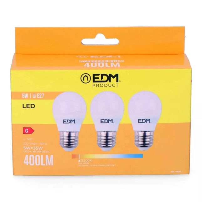 Kit 3 Bombillas Esféricas LED E27 5W 400Lm 3200K Luz Cálida - Ø4,5 x 8 cm