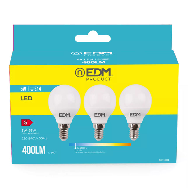 Pack 3 Bombillas LED EDM E14 5W (400LM, Luz Fría 6400K) - Ø4,5 x 8 cm