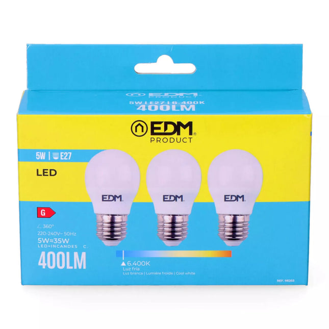 Pack 3 Bombillas LED EDM E27 5W Luz Fría (6400K) 400L - Ø4,5x8 cm