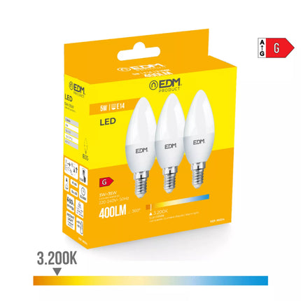 Kit 3 Bombillas Vela LED E14 5W 400Lm 3200K - Ø3,6 x 10 cm