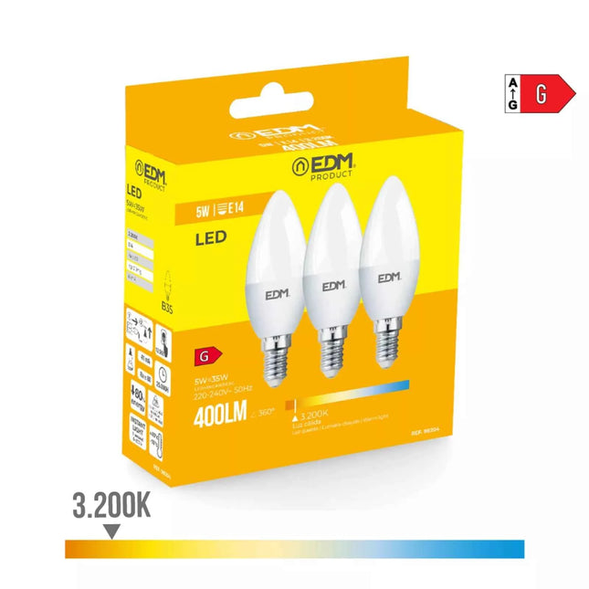 Kit 3 Bombillas Vela LED E14 5W 400Lm 3200K - Ø3,6 x 10 cm