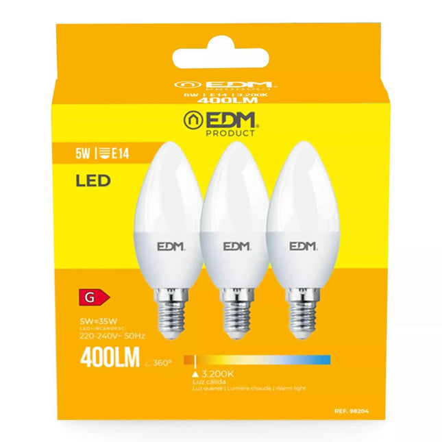 Kit 3 Bombillas Vela LED E14 5W 400Lm 3200K - Ø3,6 x 10 cm