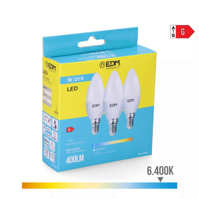 Kit 3 Bombillas Vela LED E14 5W 400Lm 6400K Luz Fría - Ø3,6 x 10 cm