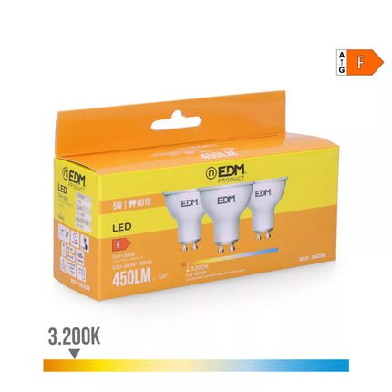 Kit 3 Bombillas Dicroicas LED GU10 5W 450Lm 3200K Luz Cálida - Ø5 x 5,5 cm