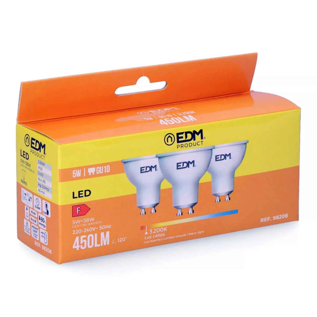 Kit 3 Bombillas Dicroicas LED GU10 5W 450Lm 3200K Luz Cálida - Ø5 x 5,5 cm