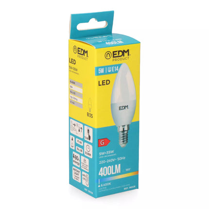 Bombilla Vela LED E14 5W 400Lm 6400K Luz Fría - Ø3,5 x 10 cm