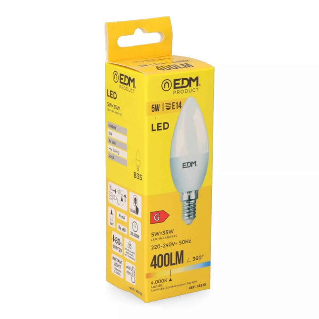 Bombilla Vela LED E14 5W 400Lm 400K Luz Dia - Ø3,5 x 10 cm