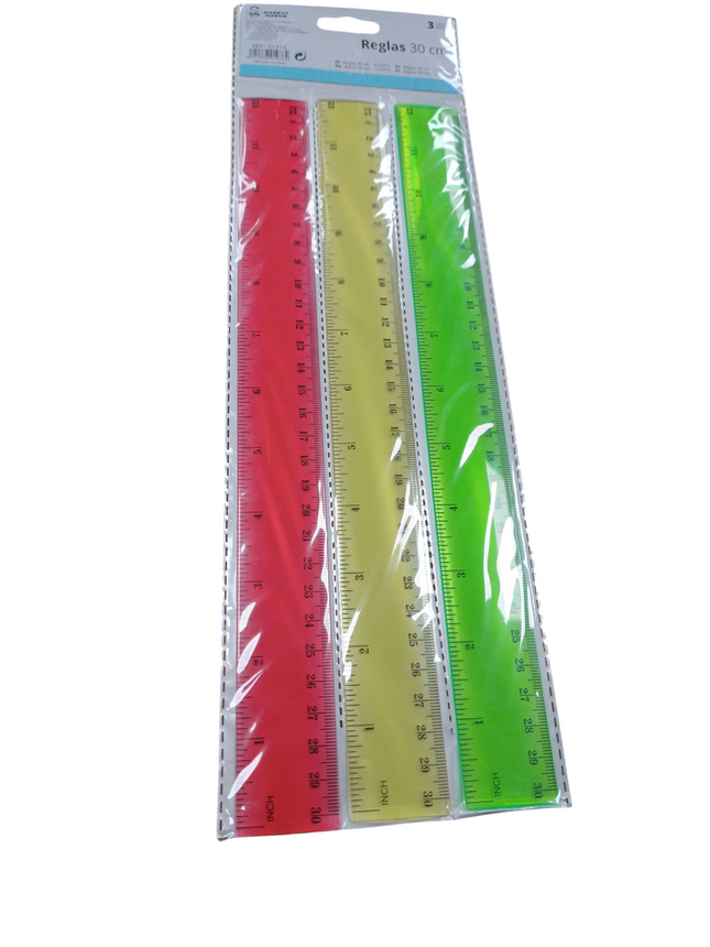 Set de 3 Reglas Market Suprem de Plástico 30 cm – Colores Surtidos