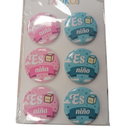 Set de Chapas "Es Niño / Es Niña" Xoko Party – 6 uds