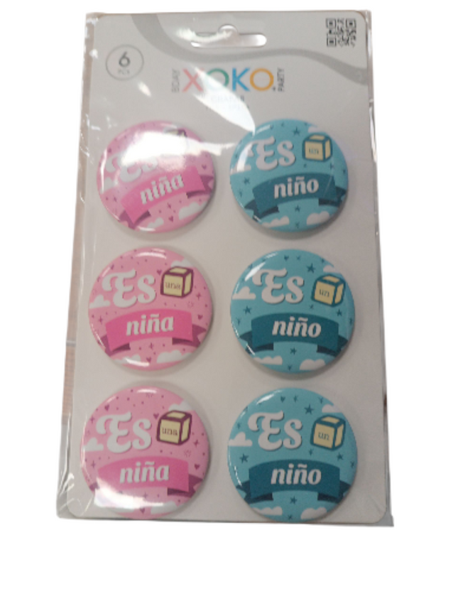 Set de Chapas "Es Niño / Es Niña" Xoko Party – 6 uds