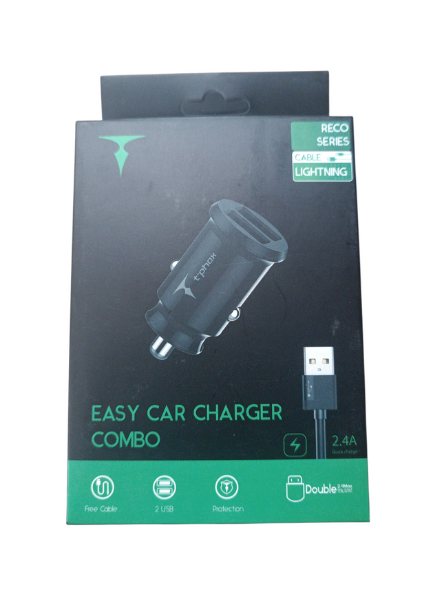 Cargador de Coche + Cable Lightning T'Phox - 2.4A (Salida 3A)